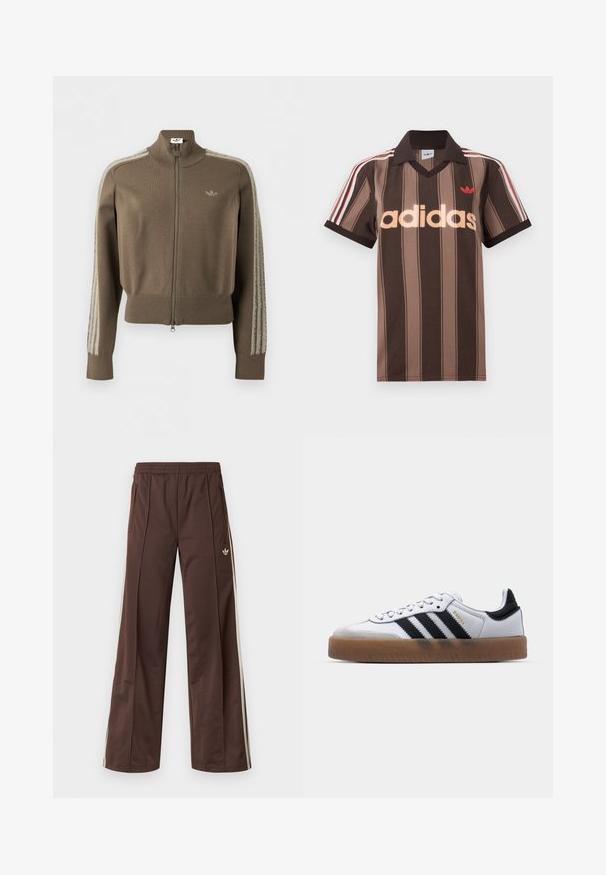 Bruine trainingsjas met rits, hoge kraag, geribde boorden en zoom, Adidas-logo op de borst en zachte, pluizige strepen op de mouwen.; Bruine gestreepte Adidas polo met V-hals, bordeauxrode kraag en rood logo. Heeft witte en rode schouderstrepen, korte mouwen.; Bruine sportbroek met een wijd uitlopende pijp, witte zijstrepen, een elastische tailleband en twee zijzakken. Heeft een klein logo op het been.; Witte leren sneakers met zwarte strepen, gumrubberen buitenzool, ronde neus, vetersluiting en een zachte grijze suède neuskap.