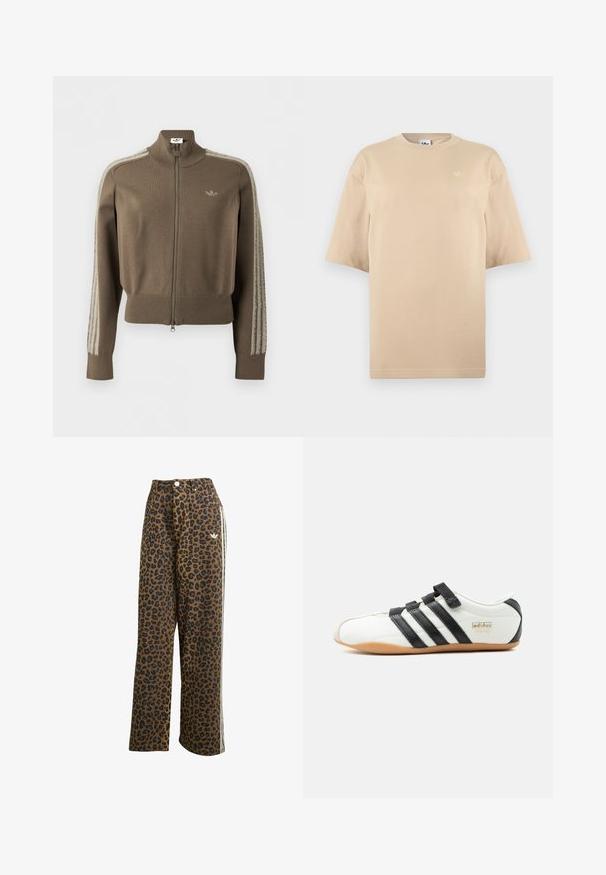 Bruine trainingsjas met rits, hoge kraag, geribde boorden en zoom, Adidas-logo op de borst en zachte, pluizige strepen op de mouwen.; Beige oversized T-shirt met korte mouwen, ronde hals en klein wit Adidas trefoil-logo op de linker bovenborst.; Lepaardprint wijde broek in bruin met zwarte vlekken, voorzien van een hoge taille en witte zijstrepen, gemaakt van katoen.; Witte Adidas Tokyo sneaker met zwarte strepen, zwarte klittenbandsluitingen en een gumzool, zijaanzicht op een witte achtergrond.