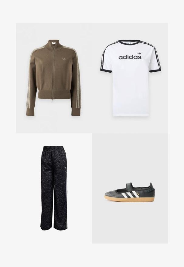 Ruskea vetoketjullinen urheilutakki korkealla kauluksella, resorireunuksilla hihansuissa ja helmassa, Adidas-logo rinnassa ja pörröiset raidat hihoissa.; Valkoinen puuvillainen t-paita, jossa mustat yksityiskohdat, kuten pyöreä kaulus, lyhyet hihat, kolme mustaa raitaa olkapäillä ja musta "adidas"-logo.; Musta urheiluhousut, joissa on leopardikuvio, joustava vyötärö ja valkoiset sivuraidat. Valmistettu sileästä ja kevyestä kankaasta.; Mustat nahka- ja mokkanahkalenkkarit, joissa on tarranauha, kolme valkoista raitaa ja kumipohja. Sivussa lukee "SAMBA".