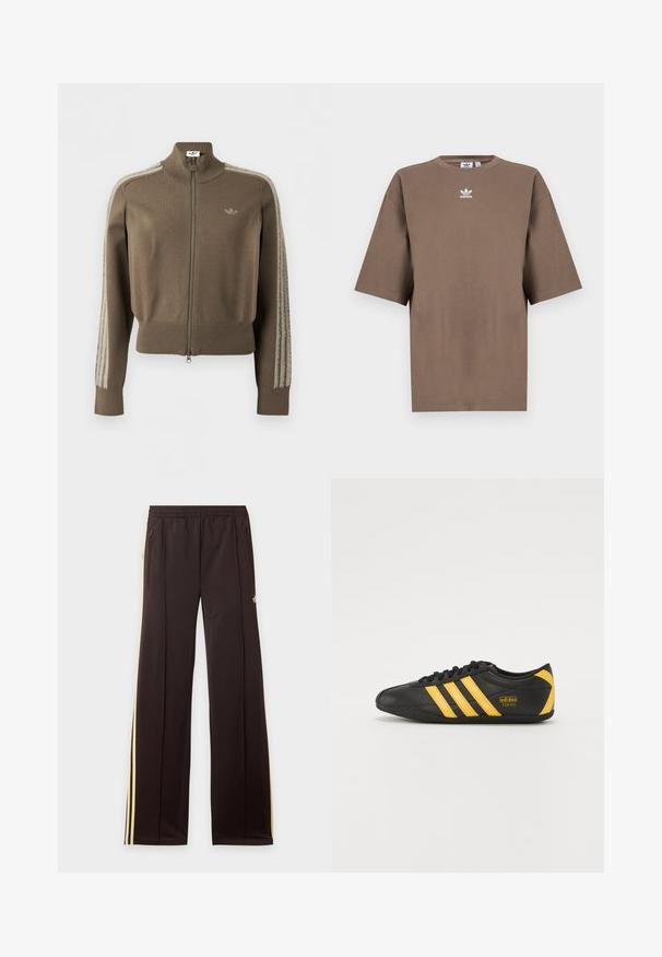 Brun zip-op træningsjakke med høj krave, ribstrikkede manchetter og kant, Adidas-logo på brystet og bløde, hårede striber ned ad ærmerne.; Brun bomulds t-shirt med korte ærmer, rund hals og hvid Adidas-logo centreret på brystet, som har et enkelt design og en afslappet pasform.; Sorte træningsbukser med gule sidelister, elastisk taljebånd, lynlåslommer i siderne og en lille logo på den øvre lår.; Sort lædersportssko med gult tre-stribe design, rund tå, sorte snørebånd og lille logo på siden. Lavprofil silhuet.