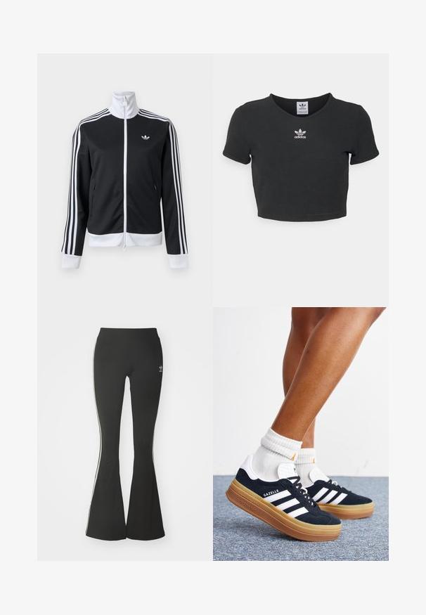Chaqueta deportiva en blanco y negro con cremallera completa delante, cuello blanco, tres rayas blancas en las mangas y pequeño logo en el pecho izquierdo.; Camiseta negra corta hecha de algodón, con un escote redondo y mangas cortas. En el centro tiene bordado blanco del logo de Adidas.; Leggings acampanados negros de tejido elástico, con una cintura alta y rayas laterales blancas. Incluye un pequeño logo en la cintura.; Piernas con calcetines blancos y zapatillas Adidas Gazelle negras con rayas blancas y suelas marrones gruesas sobre un suelo alfombrado gris.