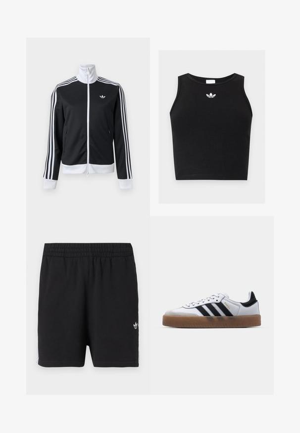 Chaqueta deportiva en blanco y negro con cremallera completa delante, cuello blanco, tres rayas blancas en las mangas y pequeño logo en el pecho izquierdo.; Top corto negro de canalé sin mangas con escote redondo y pequeño logo blanco de Adidas trefoil centrado cerca del cuello.; Pantalones cortos deportivos negros con cintura elástica, pequeño logo blanco de trébol de Adidas en la pierna izquierda y rayas blancas a lo largo de los lados.; Zapatillas de cuero blancas con rayas negras, suela de goma, puntera redonda, cierre de cordones y caperuza de ante gris suave.