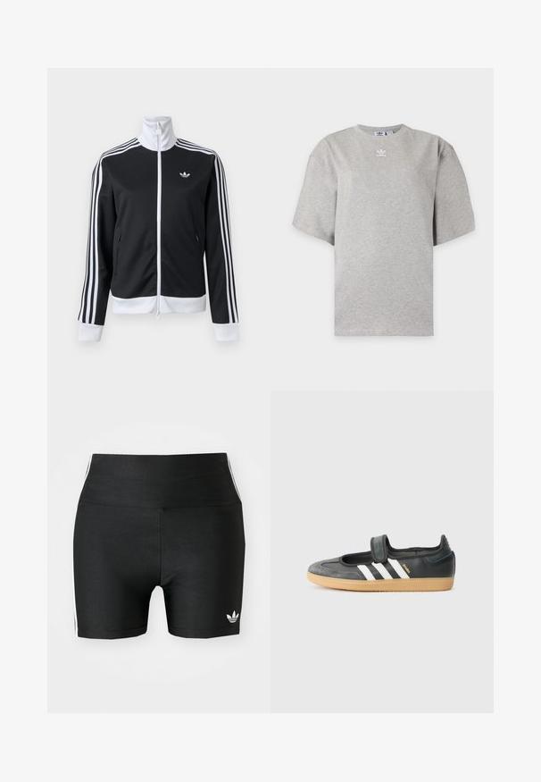 Schwarz-weiße Trainingsjacke mit durchgehendem Frontreißverschluss, weißem Kragen, drei weißen Streifen an den Ärmeln und kleinem Logo auf der linken Brust.; Hellgraues Adidas T-Shirt mit kurzen Ärmeln, Rundhalsausschnitt und kleinem weißen Adidas-Logo auf der Brust, auf schlichtem Hintergrund dargestellt.; Schwarze Sportshorts aus einem dehnbaren Stoff mit hoher Taille. Sie verfügen über weiße Seitenstreifen und ein kleines weißes Logo am Saum.; Schwarze Leder- und Wildledersneaker mit einem Klettverschluss, ausgestattet mit drei weißen Streifen und einer Gummisohle, beschriftet mit "SAMBA" an der Seite.