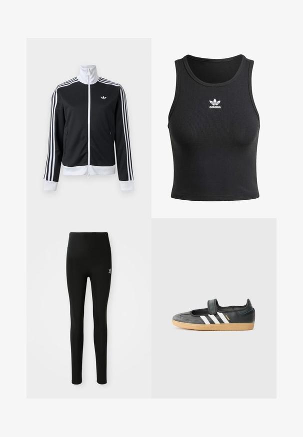 Schwarz-weiße Trainingsjacke mit durchgehendem Frontreißverschluss, weißem Kragen, drei weißen Streifen an den Ärmeln und kleinem Logo auf der linken Brust.; Schwarzes geripptes Tanktop mit Rundhalsauschnitt, featuring ein weißes Adidas-Logo auf der Brust. Das Material wirkt glatt und flexibel.; Schwarze Leggings aus dehnbarem Material mit hohem Bund, ausgestattet mit einem kleinen weißen Adidas-Logo am linken Bein. Glatte Textur.; Schwarze Leder- und Wildledersneaker mit einem Klettverschluss, ausgestattet mit drei weißen Streifen und einer Gummisohle, beschriftet mit "SAMBA" an der Seite.