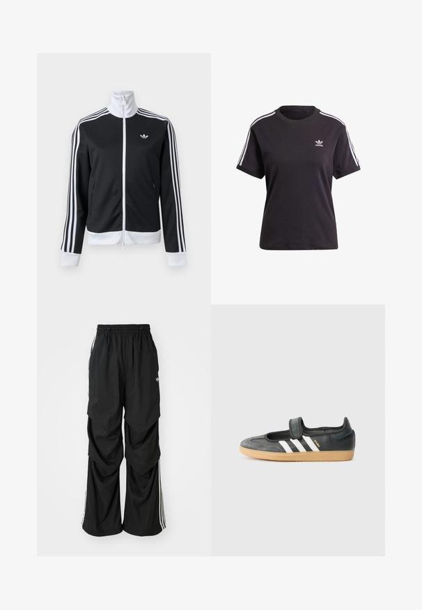 Sort og hvid træningsjakke med fuld lynlås foran, hvid krave, tre hvide striber på ærmerne og lille logo på venstre bryst.; Sort bomulds t-shirt med korte ærmer og rund hals, der har hvide striber på skuldrene og et lille hvidt Adidas-logo på brystet.; Sorte løstsiddende bukser med elastisk talje, snøre og hvide sidestriber; lavet af letvægtsstof med en glat tekstur.; Sort læder- og ruskinds sneakers med en Velcro-rem, der har tre hvide striber og en gummisål, mærket "SAMBA" på siden.