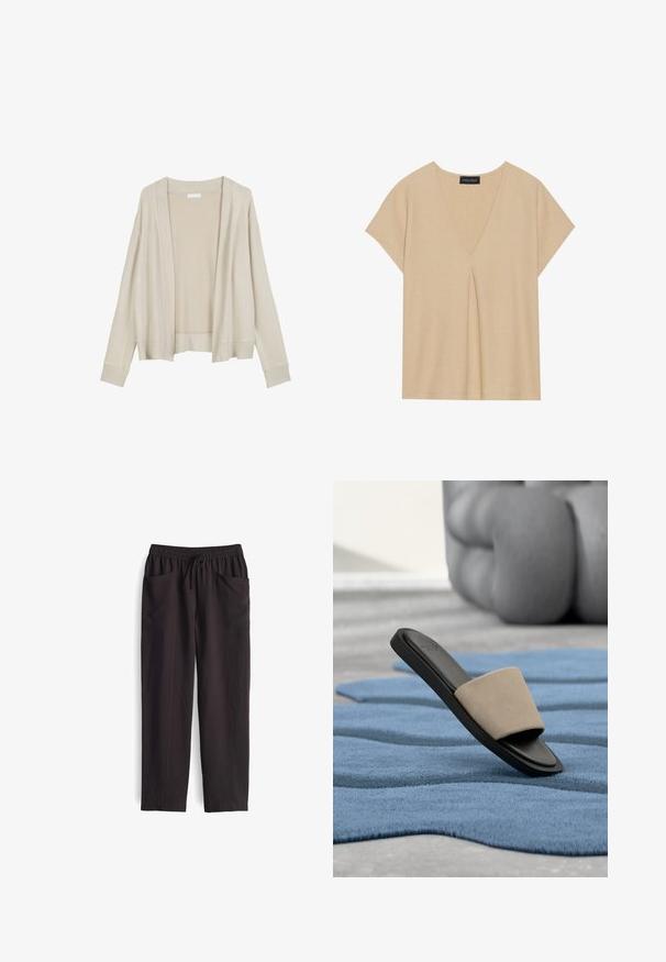 Beige lichtgewicht cardigan met open voorkant, ribgebreide manchetten en zoom. De gladde textuur, lange mouwen en relaxte pasvorm vergroten het comfort.; Beige top met een V-hals en korte mouwen. Lichtgewicht, textuurstof met centrale plooidetails. Eenvoudig, ontspannen ontwerp.; Zwarte, losse broek met een elastische tailleband en verstelbaar trekkoord; heeft twee voorke pockets en een gladde textuur.; Enkele zwarte slide-sandaal met beige band rustend op een gestructureerd blauwe tapijt, grote zachte grijze poef op de wazige achtergrond.