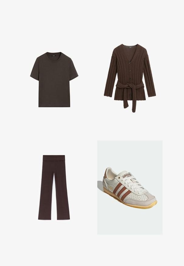 Cardigan en maille côtelée marron foncé avec manches longues, fermeture par boutons, décolleté en V profond, et ceinture assortie nouée à la taille.; T-shirt à manches courtes marron foncé en coton. Il possède un col rond et une coupe décontractée, sans motifs ni accents visibles.; Leggings marron évasés en tissu extensible avec une large ceinture plate et une texture lisse. Design simple, sans motifs ni accents visibles.; Baskets en cuir blanc avec des rayures marron, des accents en suède beige, des perforations sur l'orteil et une semelle en caoutchouc naturel. Détail de logo doré sur le côté.