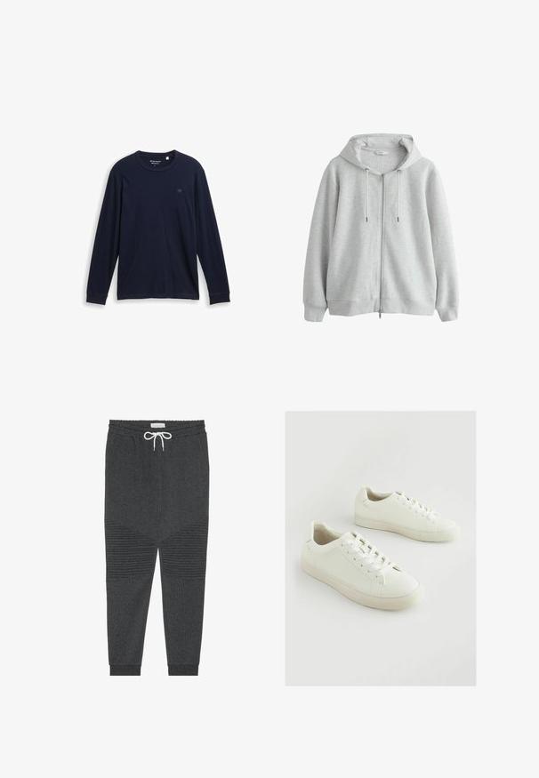 Grå hættetrøje med lynlås, ribbet tekstur, lange ærmer, justerbare snore og en afslappet pasform. Blødt stof med hætte.; Marine langærmet T-shirt lavet af blødt bomuld, med rund halsudskæring, syede kanter og et lille broderet logo på brystet.; Pier One Træningsbukser - mottled dark grey; Hvide sneakers lavet af struktureret syntetisk materiale, med rund tå, snørelukning og en let forhøjet gummisål.