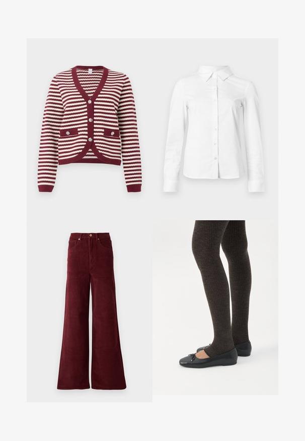 Cardigan a rayas burdeos y blancas con mangas largas, escote en V, bordes acanalados, bolsillos frontales y cuatro botones decorativos.; Camisa blanca de manga larga con botones, cuello puntiagudo, bajo recto y silueta ajustada, presentada sobre un fondo claro y liso.; Pantalones de pana de pierna ancha en burdeos, con una cintura alta, bolsillos frontales y cierre de botón. Tela texturada de canalé en toda la prenda.; Piernas con leggings oscuros acanalados combinados con bailarinas negras que presentan pequeños detalles de lazo sobre un fondo blanco.