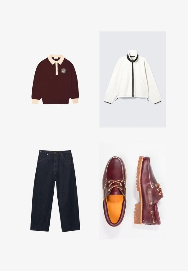 Witte fleecejas met een zwarte ritssluiting aan de voorkant, hoge kraag, twee zijzakken en elastische manchetten met verstelbare toggles aan de onderkant.; Bordeaux lange mouwen polo shirt met een crèmekleurige kraag en manchet, knoopsluiting en een cirkelvormig "Prohibited Berlin" logo op de linkerkant van de borst.; Donkerblauwe denim jeans met wijd uitlopende pijpen, vijf zakken, knoopsluiting en zichtbare oranje stiksels.; Bordeaux leren schoenen met bruine rubberen zolen, ronde neus, witte stiksels en gouden veterogen. Het interieur heeft een gele voering.