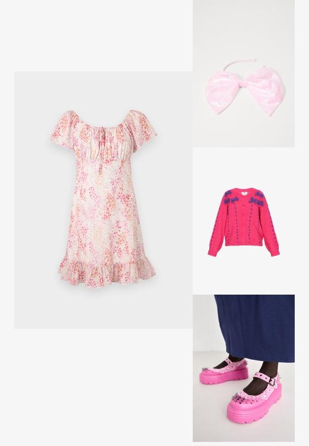 Vaaleanpunainen neulecardigan, jossa on pitkät hihat, nappi-edessä ja violetit rusettisovitteet, joissa on kontrastiväriset tikkaukset.; Lyhyt kukkakuvioinen mekko, jossa liehukkeet, kerätty pääntie ja rypytetty helma vaaleanpunaisen ja persikan sävyissä valkoisella pohjalla.; Vaaleanpunaiset platform-kengät, joissa on teksturoitu, krokotiilinahka-tyylinen pinta ja metalliset piikit kärjessä ja sivuilla. Varusteena säädettävä solkikiinnitys.; Vaaleanpunainen, kiiltävä hiustarvike, joka on muotoiltu suureksi solmuksi. Sen pinta on sileä ja siinä on ohut hihna, joka pitää sen paikallaan.