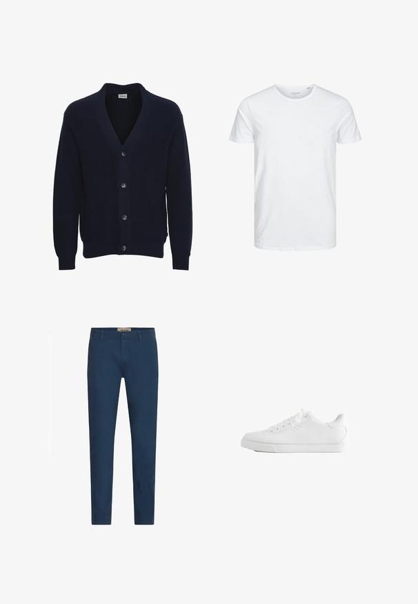 Solid SDGORE - Vest - insignia blue; Ronde hals kortemouwen t-shirt in effen wit, gemaakt van zachte katoen, heeft een eenvoudig ontwerp zonder zichtbare patronen of accenten.; Marineblauwe slim-fit herenbroek met riemlussen, sluiting met knoop aan de voorkant en zijzakken, tentoongesteld tegen een witte achtergrond.; Witte lage sneaker met veters, glad leren bovenwerk en een platte rubberen zool, vanaf de zijkant op een witte achtergrond.