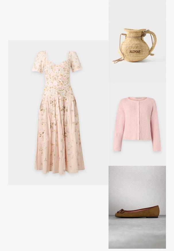 Lyserød strikket cardigan med rund halsudskæring og seks knapper foran, lange ærmer og en let cropped pasform.; Lyserød midi-kjole med pufærmer, hjerteformet udskæring og delikat blomsterbroderi over det hele.; Brune ruskinds ballerina med afrundet tå, med en knyttet detalje på fronten, tynd rød kant og en flad sort sål.; Rund flettet stråtaske med håndtag af reb og "ALEMAIS" broderet på siden med brunt garn.