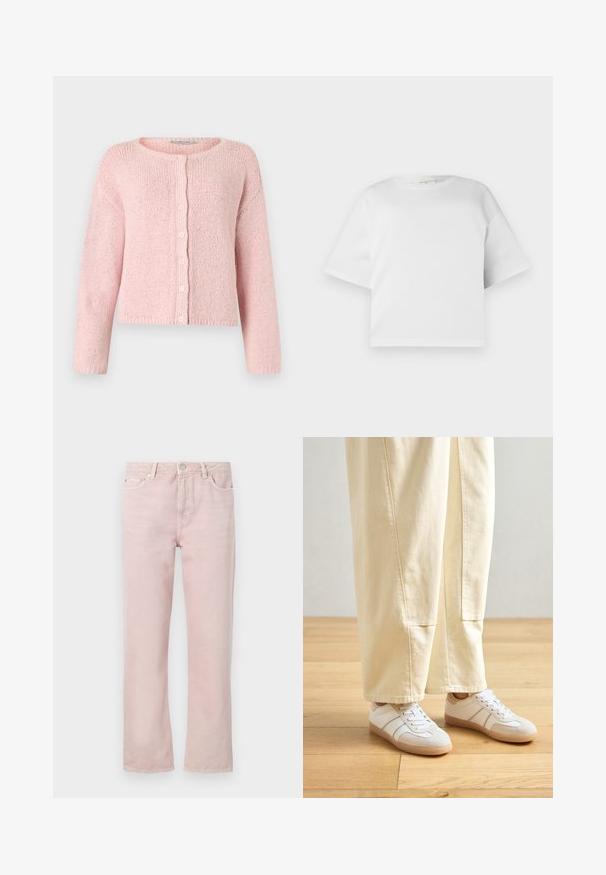 Cardigan tricoté rose clair avec encolure ronde et six boutons sur le devant, manches longues et coupe légèrement courte.; T-shirt blanc court en coton lisse, avec un col rond et des manches courtes et larges. Design simple et épuré sans motifs visibles.; Jean en denim rose clair avec une coupe droite, cinq poches et une fermeture éclair. Détails de couture et accents en métal argenté.; Baskets blanches avec un mélange de textures lisses et en daim, avec des accents beiges et une semelle en caoutchouc, associées à un pantalon large de couleur claire.