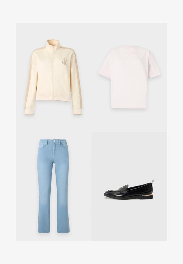 Veste crème à fermeture éclair avec panneaux latéraux beiges, col montant et logo brodé sur la poitrine. Tissu doux avec poignets et ourlet côtelés.; T-shirt rose clair à manches courtes en coton, avec un col rond et un texte imprimé blanc subtil à l'avant.; Jeans évasés bleu clair en denim avec une taille haute, un design à cinq poches et une fermeture à bouton à l'avant. Texture lisse sur l'ensemble.; Mocassins en cuir verni noir avec un bout arrondi, une sangle décorative et un accent doré sur le talon. Texture lisse avec des détails cousus.