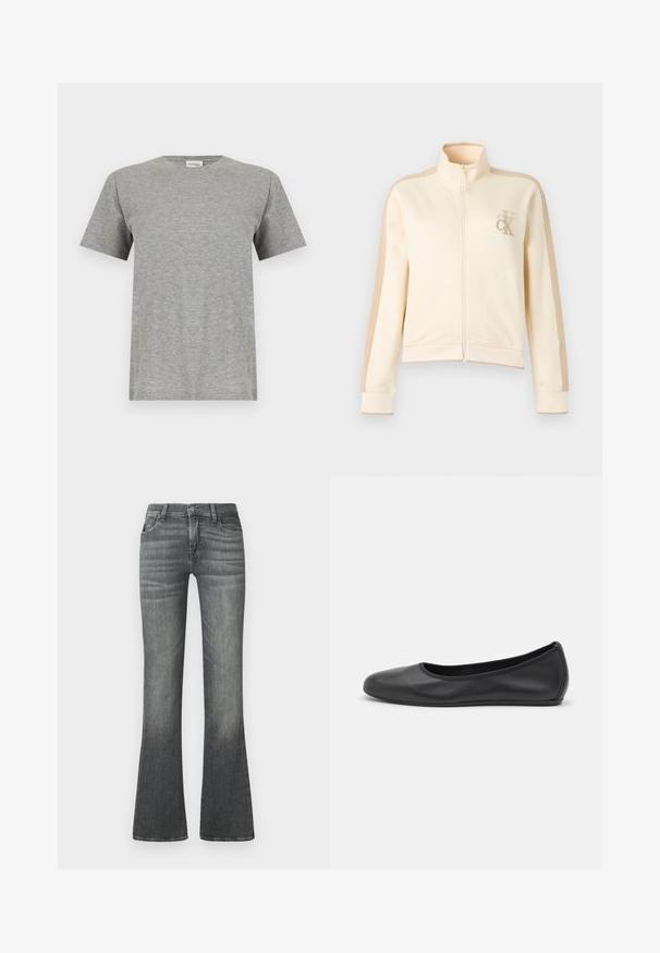 Veste crème à fermeture éclair avec panneaux latéraux beiges, col montant et logo brodé sur la poitrine. Tissu doux avec poignets et ourlet côtelés.; T-shirt gris uni en coton à manches courtes avec un col rond et une petite étiquette blanche à l'intérieur du col portant la mention « CLOSED ».; Jean gris évasé en denim, avec une taille mi-haute, un léger délavage et un design classique à cinq poches.; Ballerines en cuir noir avec un bout rond, texture lisse, détails de couture minimalistes et design de semelle flexible.