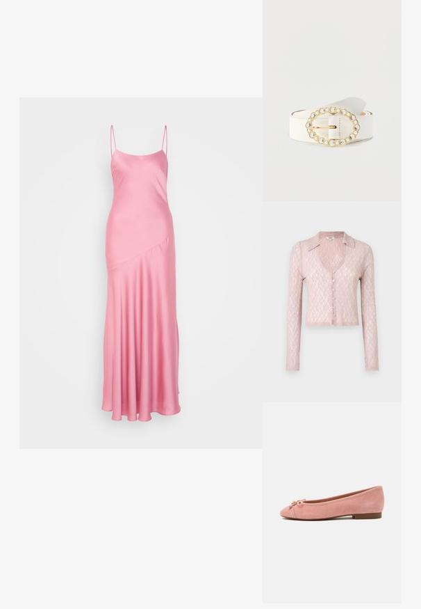 Cardigan en dentelle rose clair à manches longues, avec un col et un décolleté en V, comportant cinq boutons sur le devant, un motif texturé et une coupe courte.; Robe maxi en satin rose avec de fines bretelles spaghetti, une légère brillance et un détail de couture en diagonale à l'avant, descendant vers un ourlet évasé.; Ballerine plate en daim rose doux avec petit nœud et accent doré sur l'avant arrondi, talon bas et semelle lisse.; Ceinture en cuir blanc avec une boucle ovale en or ornée de pierres claires et de petites perles, conçue avec une finition lisse et sans motif visible.