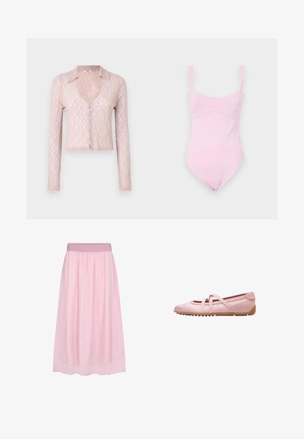 Cardigan en dentelle rose clair à manches longues, avec un col et un décolleté en V, comportant cinq boutons sur le devant, un motif texturé et une coupe courte.; Good American TANK - Débardeur - flora; Jupe en tulle rose avec un design doux et transparent. Elle présente une taille élastique et une silhouette fluide, créant un effet superposé.; Ballerine rose clair avec deux sangles élastiques croisées, talon en daim et semelle en gomme texturée, vue de côté sur fond blanc.