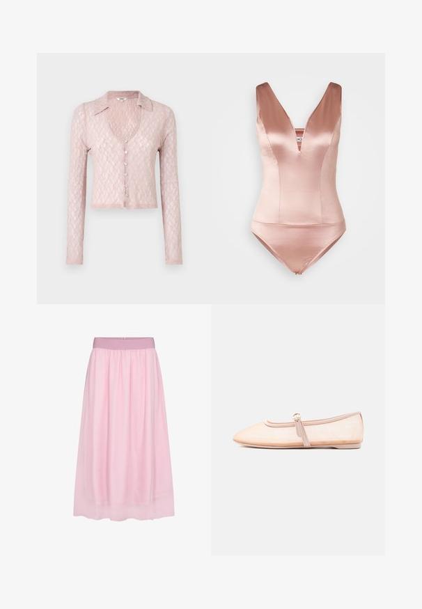 Cardigan en dentelle rose clair à manches longues, avec un col et un décolleté en V, comportant cinq boutons sur le devant, un motif texturé et une coupe courte.; Maillot de bain en satin rose avec un décolleté en V profond et de larges bretelles. Comprend un corsage ajusté et une culotte courte. Texture lisse.; Jupe en tulle rose avec un design doux et transparent. Elle présente une taille élastique et une silhouette fluide, créant un effet superposé.; Chaussure plate beige clair avec un bout pointu et une bride latérale avec boucle, présentée sur un fond blanc uni.