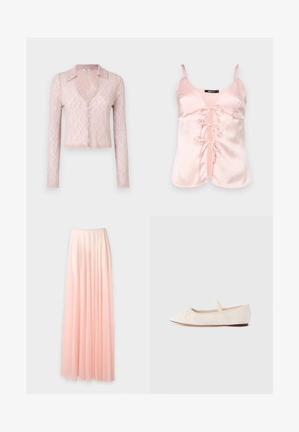Light pink, long-sleeve lace cardigan with a collar and V-neck, featuring five buttons down the front, textured pattern, and cropped hem.; Pink satin camisole with adjustable spaghetti straps, featuring a front tie closure with loops and a V-neck design. Smooth texture and clean lines.; Long, pleated, pale pink chiffon skirt with an elastic waistband, displayed against a plain white background.; Ballet flats with a light beige suede upper, pointed toe, and a thin elastic strap across the vamp. Flat sole with minimal rubber accent.