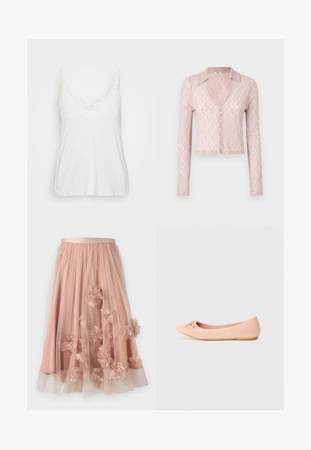 Cardigan en dentelle rose clair à manches longues, avec un col et un décolleté en V, comportant cinq boutons sur le devant, un motif texturé et une coupe courte.; Camisole blanche avec un décolleté en V orné d'une délicate dentelle, des bretelles fines et réglables, et un tissu doux et lisse.; Jupe en tulle rose pâle avec une ceinture en satin. Comprend plusieurs couches de tissu transparent et des appliqués floraux en trois dimensions sur toute la surface.; Ballerine en matériau synthétique rose clair avec un bout arrondi, ornée d'un petit nœud et d'une semelle flexible.