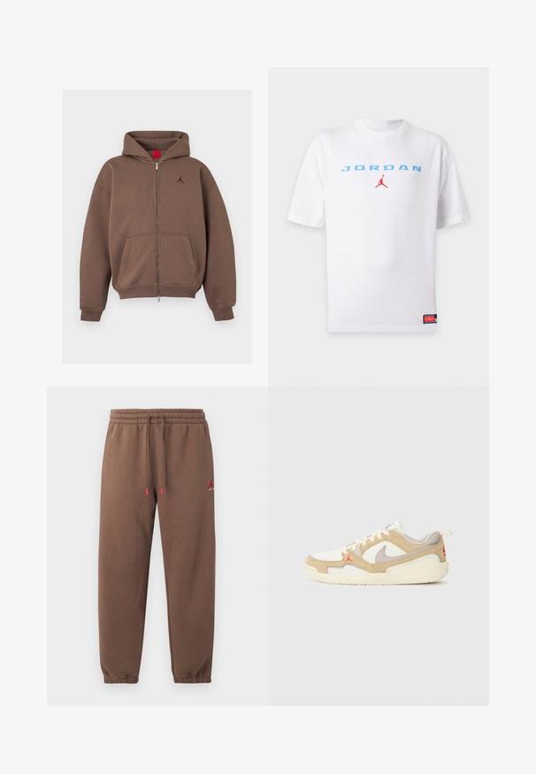 Brun lynlås-hoodie med forlommer, ribstrikkede manchetter og kant samt lille broderet logo på venstre bryst.; Hvid t-shirt med korte ærmer med lyseblå "JORDAN" tekst og lille rød Jumpman-logo centreret på brystet og et lille mærke nær bundkanten.; Brune joggingbukser med elastisk talje og manchetter, justerbar snor med røde ender og lille rødt logo på øverste venstre ben.; Hvide og beige sneakers med net- og ruskindspaneler, grå accenter, rødt logo og orange trækflap. Rund tå og polstret således design.