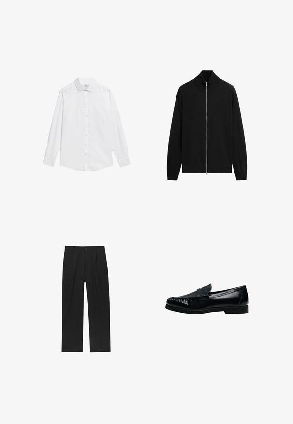 Cardigan noir à fermeture éclair intégrale, col montant côtelé, manches longues, poignets et bas côtelés sur fond blanc.; Chemise blanche à boutons en tissu lisse, avec un col classique, des manches longues et un ourlet droit sans motifs ni accents.; Pantalons noirs au design droit, fabriqués à partir d'un tissu lisse. Dotés de plis sur le devant et d'une fermeture à un bouton à la taille.; Mocassin penny loafer pour homme en cuir noir avec bout moc cousu et petit talon, présenté de profil sur fond blanc.