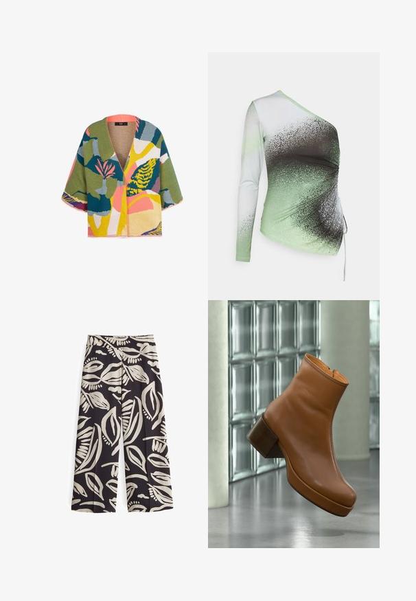 Mehrfarbiger gewebter Cardigan mit V-Ausschnitt und kurzen Ärmeln, der abstrakte Blumen- und geometrische Muster in Grün, Rosa, Gelb und Blau zeigt.; Elleme ONE SHOULDER - Langarmshirt - light green/white; OPUS HIGH RISE CROPPED WIDE FIT PRINT - Stoffhose - midnight brown; Brauner Lederknöchelstiefel mit Blockabsatz, schwebend in Innenräumen nahe einer Glassteinwand und einer zylindrischen Säule auf poliertem Boden.