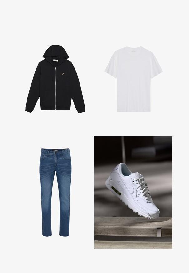 Čierna mikina na zips z mäkkého materiálu, ktorá má predné vrecko, nastaviteľnú kapucňu so šnúrkou a malé zlaté logo na ľavej hrudi.; Biela bavlnená tričko s krátkymi rukávmi, s okrúhlym výstrihom a hladkou textúrou. Obsahuje minimálne logo na výstrihu.; Džínsy v stredne modrej farbe so strihom rovného strihu. Rysy zahŕňajú klasický dizajn s piatimi vreckami a jemné vzory vyblednutia na tkanine.; Biele kožené tenisky s textúrovanými povrchmi, polstrovaným golierom a viditeľným vzduchovým odpružením v podrážke. Majú šnúrky a minimalistický dizajn.