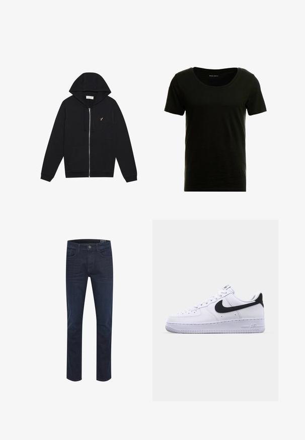Čierna mikina na zips z mäkkého materiálu, ktorá má predné vrecko, nastaviteľnú kapucňu so šnúrkou a malé zlaté logo na ľavej hrudi.; Čierne tričko s krátkym rukávom, ktoré má okrúhly výstrih, jemnú textúru a voľný strih. Vyrobené z ľahkého, priedušného materiálu.; Tmavomodré džíny z denimu so rovnými nohavicami, dizajnom s piatimi vreckami, zapínaním na gombík a jemným vyblednutím. Majú hladkú textúru a odolnú látku.; Biele kožené tenisky s textúrovaným čiernym Swooshom, plochými šnúrkami a gumovou podrážkou s ryhovaným vzorom. Na päte je embosovaný nápis "AIR".