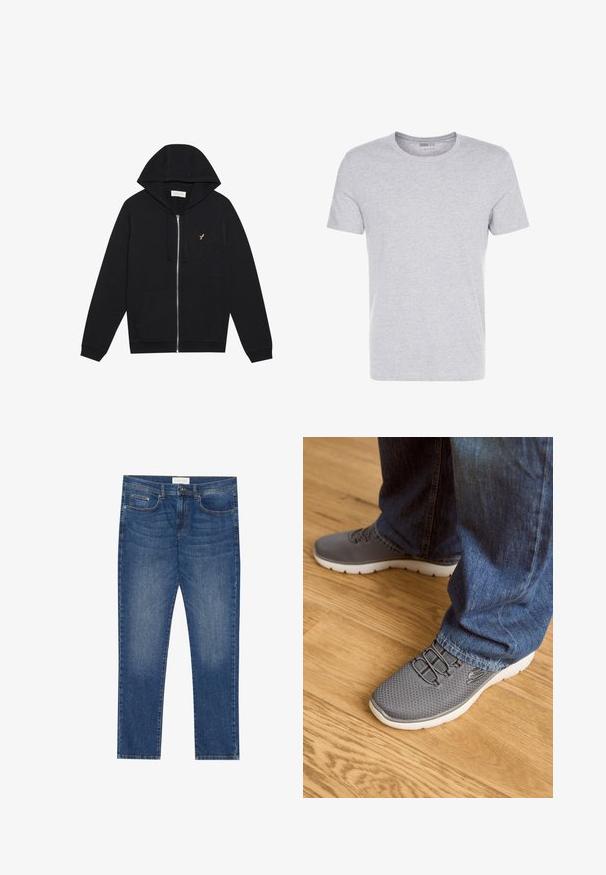 Schwarze Zip-Up-Hoodie aus weichem Stoff, mit einer Fronttasche, verstellbarem Kordelzugkapuze und einem kleinen goldenen Emblem auf der linken Brust.; Graues Baumwoll-T-Shirt mit Rundhalsausschnitt, kurzärmlig und schlichtem Design, das eine weiche, glatte Textur aufweist und keine sichtbaren Muster oder Verzierungen hat.; Herren Jeans aus blauem Denim mit geradem Schnitt, fünf Taschen, leichtem Verwaschungsdetail sowie einem standardmäßigen Knopf- und Reißverschluss.; Graue Sportschuhe mit einem Mesh-Obermaterial, weißer Sohle und elastischen Schnürsenkeln. Kombiniert mit blauen Jeans auf einem Holzboden.