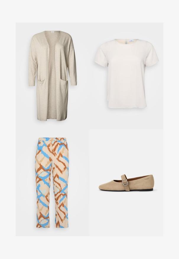 Lang beige cardigan lavet af blødt stof med dyb V-hals, trekvartærmer og to forlommer.; Kortærmet, rundhalset top i lys beige stof med en glat tekstur; har en nøglehulsdetalje på ryggen og en afslappet pasform.; Mønstrede bukser i beige med et blåt og brunt abstrakt design. Lavet af letvægtsmateriale med en lige benpasform.; Beige ruskind Mary Jane flade sko med spids tå og et enkelt justerbart strop med en sølv spænde. Sort flad sål.