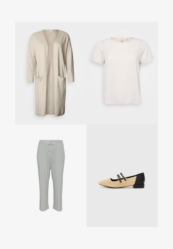 Cardigan long beige en tissu doux, avec un col en V profond, des manches trois-quarts et deux poches devant.; T-shirt à manches courtes, col rond en tissu beige clair au toucher doux ; présente un détail en forme de trou de serrure au dos et une coupe décontractée.; Pantalons de pyjama rayés avec une taille élastique et un cordon de serrage, fabriqués en tissu doux. Motif de couleur : rayures horizontales blanches et noires.; Chaussure plate en cuir beige avec un bout pointu, un talon noir et deux sangles noires sur le dessus. Design simple avec une texture mate.