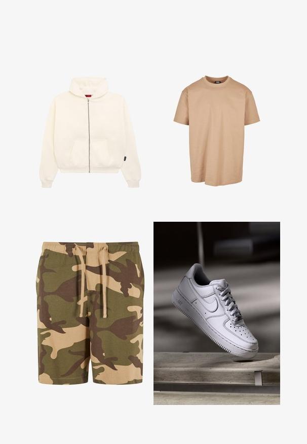 Weiße Zip-Hoodie mit einem Kängurutasche, langen Ärmeln, gerippten Bündchen und einer Kapuze mit Kordelzug. Weicher Stoff und minimalistisches Design.; Beige Baumwoll-T-Shirt mit Rundhalsausschnitt, kurzen Ärmeln und lockerer Passform; zeichnet sich durch eine glatte Textur und ein minimales Design aus.; Camo-Shorts aus Baumwollmischung mit grünem, braunem und beigem Muster. Verfügt über einen elastischen Taillenbund mit Kordelzug. Lässiger Schnitt und knielange Form.; Weißer Nike Air Force 1 Sneaker aus Leder mit perforierter Zehenpartie, flachen Schnürsenkeln und strukturierter Gummisohle mit "AIR"-Branding an der Seite.