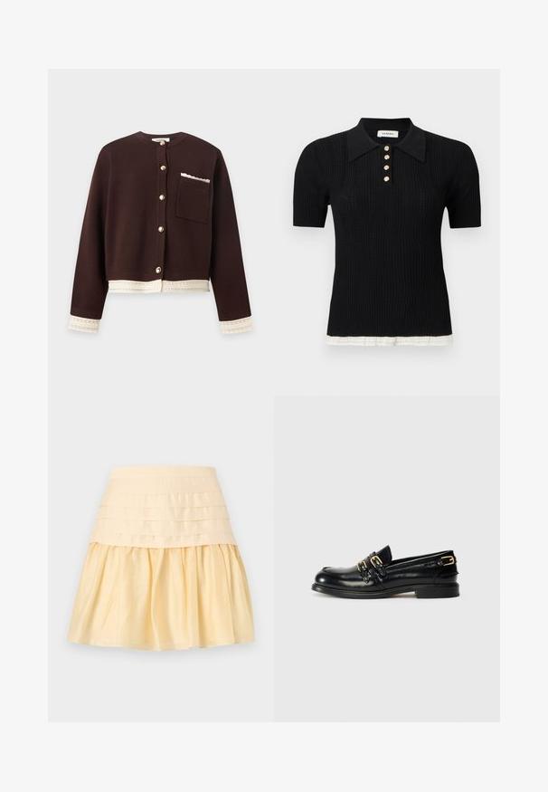 Cardigan marron foncé avec bordure en dentelle crème aux poignets et à l'ourlet, boutons dorés sur le devant et une poche poitrine avec détail en dentelle assorti.; Polo en maille noire à manches courtes avec texture côtelée, cinq boutons dorés, col pointu et bordure blanche à l'ourlet.; Jupe couleur crème avec une large ceinture ajustée et une partie inférieure évasée et plissée en tissu lisse.; Mocassins en cuir noir avec une finition brillante, dotés de deux boucles dorées et d'un talon bas. Texture lisse avec un design à bout arrondi.