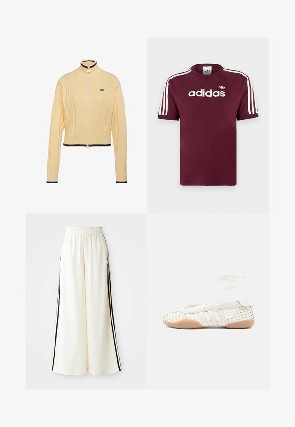 Pull en maille crème-jaune avec fermeture éclair, col haut côtelé, motif chevron, manches longues et bordure noire au niveau du col, des poignets et de l'ourlet.; T-shirt en coton bordeaux avec des manches à rayures blanches, arborant le logo "adidas" en blanc au niveau de la poitrine et un petit logo au-dessus.; Pantalons larges blancs avec taille élastique et rayures verticales noires le long des coutures extérieures.; Chaussure blanche tissée avec une tige texturée, dotée d'un bout arrondi, d'accents en cuir blanc et d'une semelle en caoutchouc flexible. Lacets fins attachés.