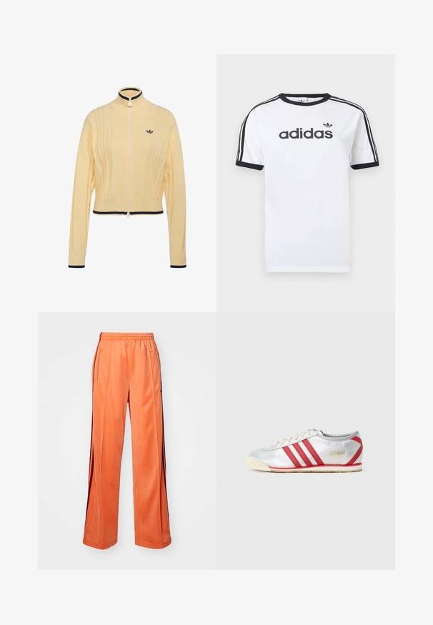 Creme-gelber, gestrickter Reißverschluss-Pullover mit geripptem hohem Kragen, Chevron-Muster, langen Ärmeln und schwarzem Besatz an Kragen, Bündchen und Saum.; Weißes Baumwoll-T-Shirt mit schwarzen Akzenten, verfügt über einen Rundhalsausschnitt, kurze Ärmel, drei schwarze Streifen auf den Schultern und das "adidas"-Logo in Schwarz.; Orange Sporthosen aus glattem Material mit weit geschnittenem Design, elastischem Bund und kontrastierenden Seitestreifen.; Adidas Sneaker mit einem silbernen Synthetik-Obermaterial, drei roten Streifen, beige Sohle und einem goldenen Logo an der Seite, mit einem flachen Design.