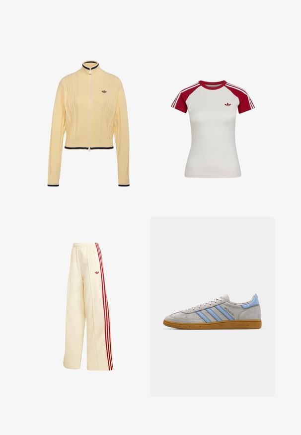 Creme-gelber, gestrickter Reißverschluss-Pullover mit geripptem hohem Kragen, Chevron-Muster, langen Ärmeln und schwarzem Besatz an Kragen, Bündchen und Saum.; Weißes, eng anliegendes Sportshirt mit kurzen Ärmeln, roten Raglanärmeln, rotem Kragen, drei weißen Streifen auf den Ärmeln und kleinem Logo auf der linken Brust.; Cremefarbene weite Trainingshose mit roten Seitenstreifen, elastischem Bund, Reißverschlusstasche und rotem Adidas-Logo am Oberschenkel.; Grau Wildleder Sneaker mit hellblauen Streifen, gummiertem Sohlenmaterial und Logo-Akzenten. Niedriges Design mit runder Zehenform und Schnürverschluss.