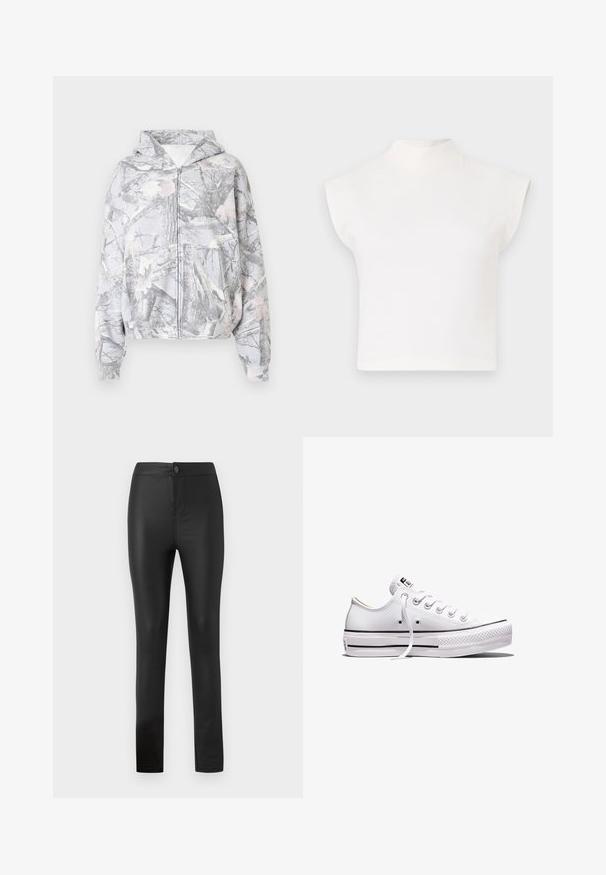 Sudadera con capucha y cremallera en gris con un patrón de ramas y hojas. Cuenta con bolsillos frontales y puños elásticos. Textura de tela suave.; Top corto blanco con un alto cuello tipo mock y mangas anchas y angulares. Está hecho de una tela suave, sin patrones ni adornos visibles.; Leggings negros hechos de un material elástico y suave con un diseño ajustado, que presentan un cierre frontal con botón y cremallera, y piernas rectas.; Zapatilla blanca de lona de corte bajo con cordones blancos, suela de goma, detalles de rayas negras y parche de logo en la lengüeta y el talón.