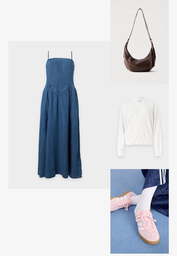 Hvid cardigan med knapper, lange ærmer og diskrete blomstrede strikkemønstre på forpanelerne.; Ærmeløs blå denimkjole med tynde skulderstropper, tætsiddende overdel og vid, ankellang nederdel på ensfarvet hvid baggrund.; Lyserøde ruskinds sneakers med hvide striber og snørebånd, udstyret med en struktureret tunge og en gummisål, placeret på et blåt tæppe.; Brun skuldertaske i læder med guldnitter på stroppen og læderrispynte lynlås, vist mod en ensfarvet baggrund.