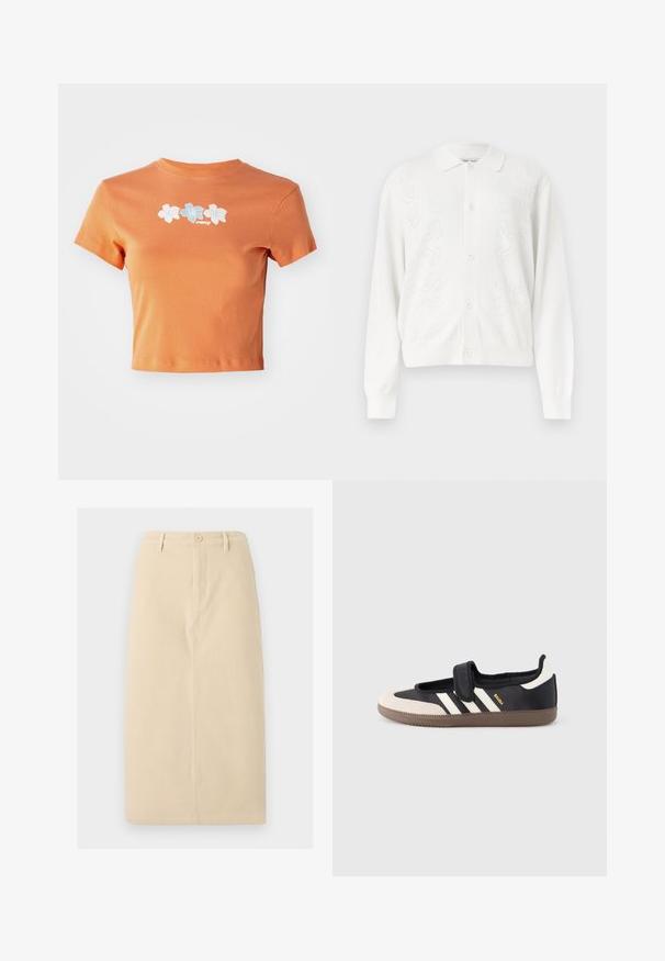 Cardigan blanc boutonné avec manches longues et motifs floraux discrets en tricot sur les panneaux avant.; T-shirt orange court en coton avec des manches courtes, décoré de fleurs brodées blanches et bleu clair sur le devant.; Jupe beige jusqu'aux genoux en tissu robuste, dotée d'une fermeture à boutons sur le devant et de détails de couture verticaux subtils.; Baskets noires et beiges avec une bride en velcro, trois bandes blanches sur le côté, et une semelle en caoutchouc marron texturée. Logo de la marque visible.