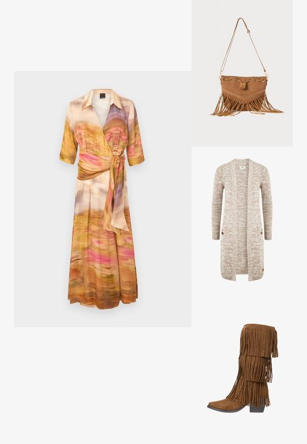 Oxmo OXPHILETTA - Chaqueta de punto - dune; Vestido estilo wrap en tejido ligero, con un patrón abstracto multicolor en tonos de rosa, naranja y amarillo. Mangas cortas y cintura ajustada.; Bota de ante marrón hasta el tobillo con detalles de flecos en capas, punta puntiaguda y tacón bajo apilado. Textura suave y acabado mate uniforme.; Bolso tipo bucket de ante marrón con detalles de flecos, tachuelas en tono dorado y cierre de cordón. Cuenta con una correa ajustable.