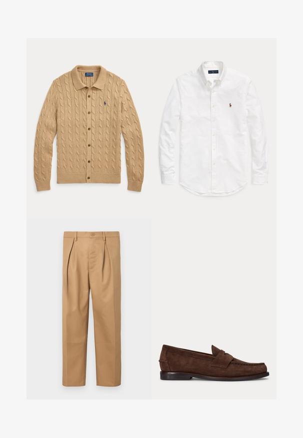 Beige kabelstrikket cardigan med knapper, krave og Polo Ralph Lauren-logo broderet i marineblåt på venstre bryst.; Hvid skjorte med lange ærmer, knapper og krave med lille broderet logo på venstre bryst, lagt fladt på ensfarvet baggrund.; Beige bomuldsbukser med afslappet pasform, plisseret design, talje med knaplukning og lige ben. Glat tekstur uden mønstre.; Brun ruskind penny loafer med lav hæl og synlig syning langs tåen, siden og bagpå, vist på ensartet lys baggrund.
