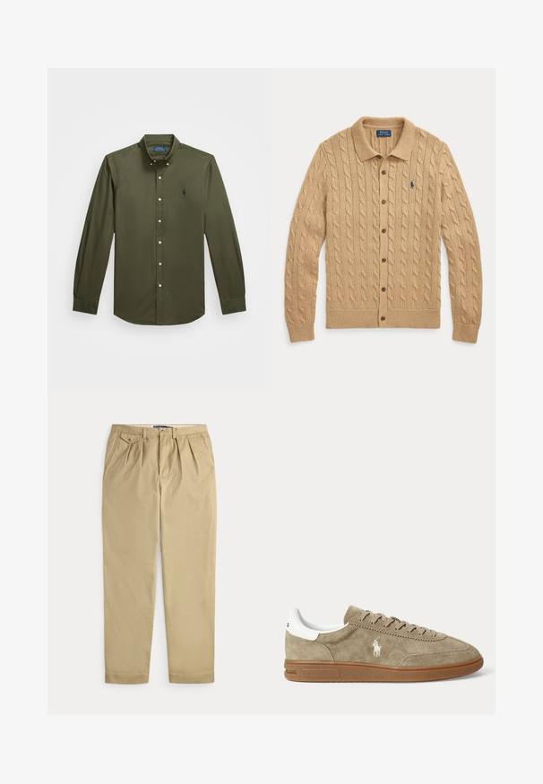 Beige cable knit button-up cardigan with collar and Polo Ralph Lauren logo embroidered in navy on left chest.; Long-sleeve, button-down shirt in olive green cotton. Features a small embroidered logo on the chest, standard collar, and button accents.; Beige pleated trousers with side pockets, a small buttoned coin pocket on the right, belt loops, and a front button and zipper closure.; Low-top beige suede sneaker with brown sole, white heel detail, laces, and a white embroidered polo player logo on the side.