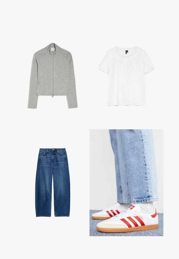 Lichtgrijs jack met rits, hoge kraag, lange mouwen en twee voorzakken in de naden, plat neergelegd op een witte achtergrond.; Witte t-shirt met korte mouwen en een ronde hals, gemaakt van lichte stof. Eenvoudig ontwerp, gladde textuur en rechte zoom.; Wijdvallende blauwe spijkerbroek met een middelhoge taille, vijf zakken en een knoopsluiting. De stof heeft een lichte textuur met vervaagde details.; Witte leren sneakers met rode strepen en accenten. Voorzien van een getextureerde gumrubberen outsole en een gevoerde kraag. Draag ze met lichtblauwe denim.