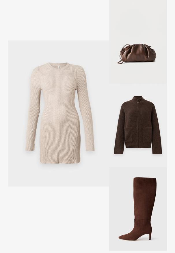 Donkerbruin fuzzy zip-up cardigan met hoge hals, twee voorzakken enlange mouwen tegen een witte achtergrond.; Beige geribbelde gebreide jurk met lange mouwen, een getailleerde taille en een ronde halslijn op een witte achtergrond.; Bruine suède laars tot de knie met een spitse neus en een stilettohak. Gladde textuur en minimaal ontwerp. Geen zichtbare hardware of accenten.; Zachte bruine leren tas met samengevouwen bovenkant en smalle riem, liggend op een witte achtergrond.