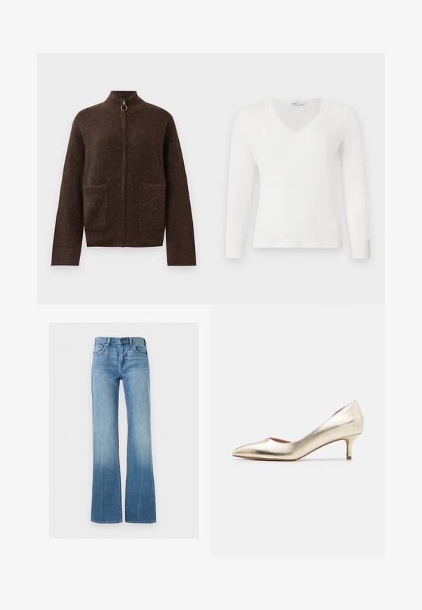 Mørkebrun, fuzzy zip-up cardigan med høj hals, to forlommer og lange ærmer på en hvid baggrund.; Hvid ribbet langærmet skjorte med V-udskæring og blondekant omkring kraven, lagt fladt på en hvid baggrund.; Lyseblå denimjeans med høj talje og vide ben, med forlommer og knaplukning.; Metallic guld højhælede pumps med spids tå, slank hæl, glat tekstur og minimale syninger på overdelen.