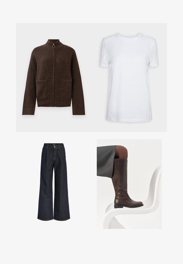 Donkerbruin fuzzy zip-up cardigan met hoge hals, twee voorzakken enlange mouwen tegen een witte achtergrond.; Effen wit T-shirt met korte mouwen en ronde hals, normale pasvorm en een klein label aan de binnenkant van de hals met de tekst "SELECTED FEMME."; Donkerblauwe denim jeans met wijd uitlopende pijpen, plooien, knoopsluiting en ceintuurlussen, afgebeeld tegen een witte achtergrond.; Bruine leren knie-hoge laars met een ronde neus, een soepele textuur en minimale stikseldetails, tegen een lichte achtergrond op een witte stoel.