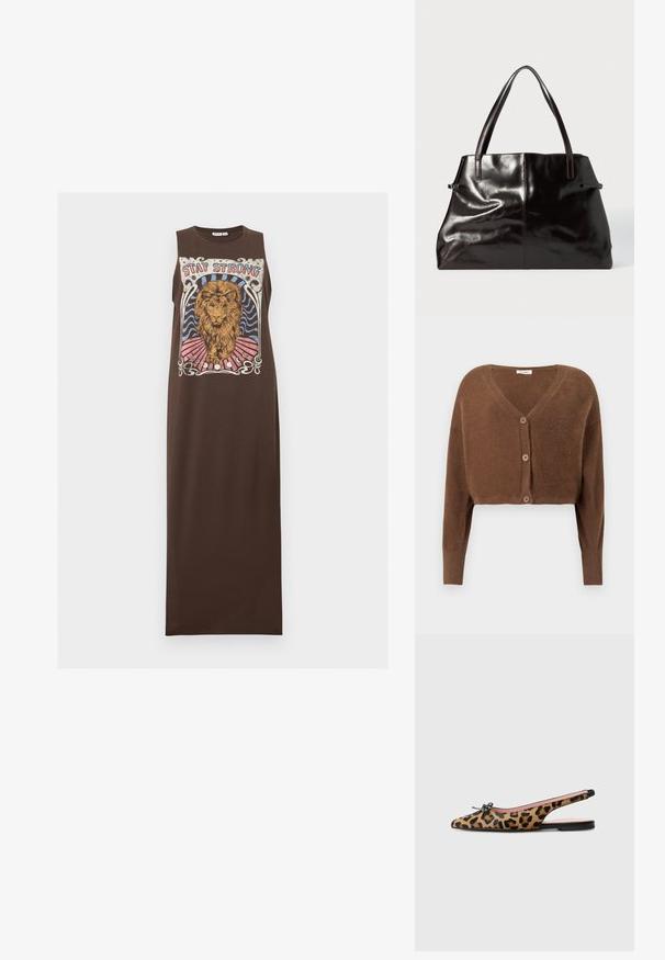 Braunes, flauschiges, kurzes Strickjacke mit langen Ärmeln und drei vorderen Knöpfen vor einem einfarbigen, hellen Hintergrund.; Ärmelloses braunes Maxikleid mit einem bunten Löwengrafik und dem Schriftzug „Stay Strong“ auf der Vorderseite.; Pretty Ballerinas MURABI - Sling-Ballerina - brown; Schwarze Ledertasche mit glatter Textur, zwei langen Griffen und dezenten sichtbaren Nähten. Verfügt über eine weite Öffnung, ideal zum Tragen von Gegenständen.