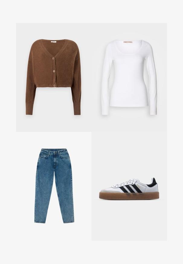 Brun, fluffy, kort cardigan med lange ærmer og tre knapper foran på en ensfarvet lys baggrund.; Langærmet hvid bomulds T-shirt med rund halsudskæring og tætsiddende design, med glat tekstur og uden udsmykninger.; Lyseblå denimjeans med afslappet pasform, høj talje, fem-lommer design, synlige syninger og en let falmet udseende.; Hvide lædersneakers med sorte striber, gummirubber sål, rund tå, snørelukning og blød grå ruskinds tåhætte.
